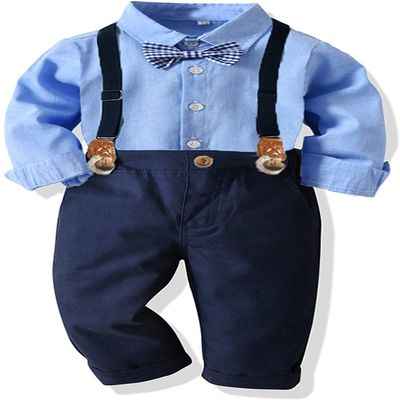 CORATED Toddler Dress Suits Baby Boys Clothes Sets Bowtie Shirts Suspenders Pants 4pcs Gentleman Outfits Suit 6 Month - 6 Years (Blue0005, 6-12 Months)