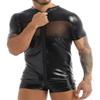 Hedmy Men's One Piece Wetlook Faux Leather Mesh Front Zipper Leotard Bodysuit Catsuit Costumes Black X-Large view 2