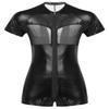 Hedmy Men's One Piece Wetlook Faux Leather Mesh Front Zipper Leotard Bodysuit Catsuit Costumes Black Medium view 4