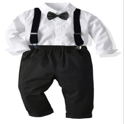 CORATED Toddler Dress Suits Baby Boys Clothes Sets Bowtie Shirts Suspenders Pants 4pcs Gentleman Outfits Suit 6 Month - 6 Years (White0001, 12-18 Months)