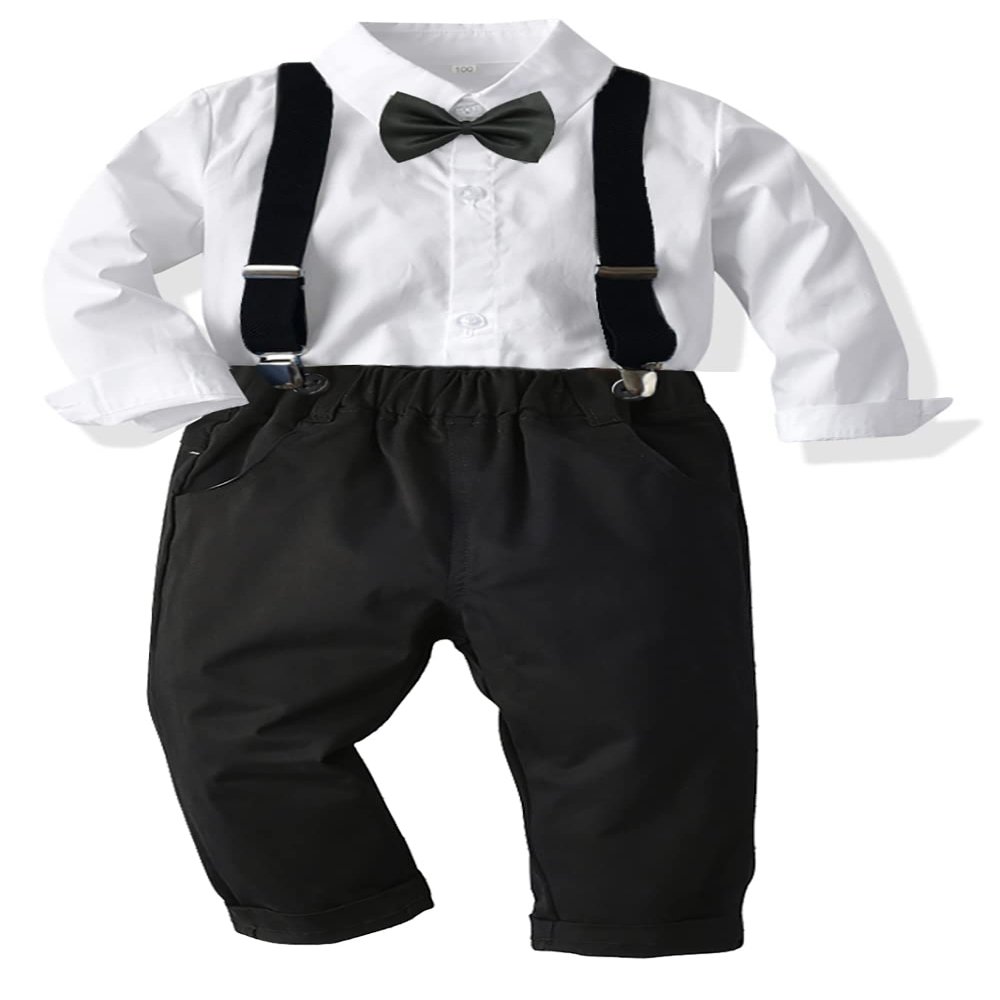 CORATED Toddler Dress Suits Baby Boys Clothes Sets Bowtie Shirts Suspenders Pants 4pcs Gentleman Outfits Suit 6 Month - 6 Years (White0001, 12-18 Months)