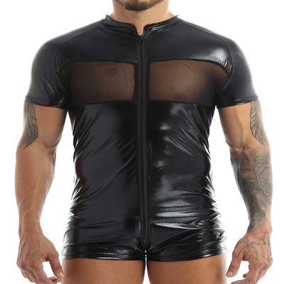 Hedmy Men's One Piece Wetlook Faux Leather Mesh Front Zipper Leotard Bodysuit Catsuit Costumes Black Large