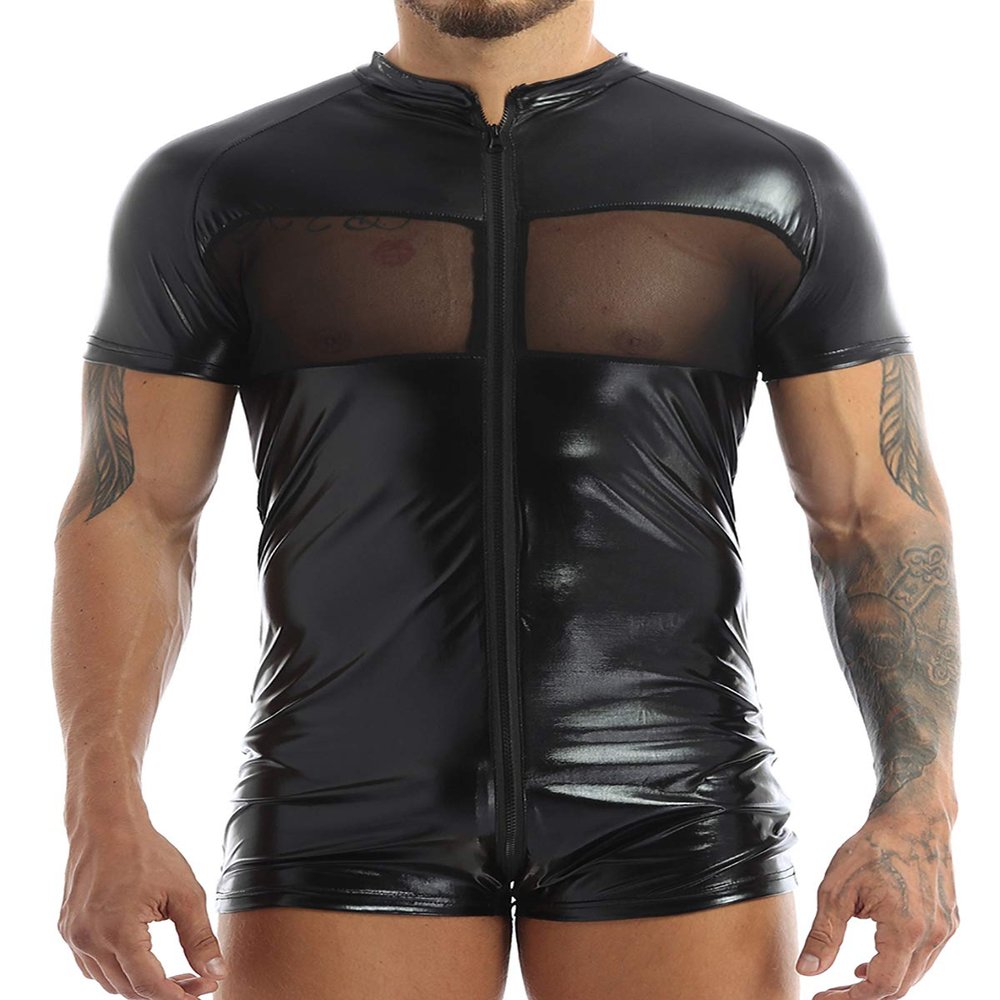 Hedmy Men's One Piece Wetlook Faux Leather Mesh Front Zipper Leotard Bodysuit Catsuit Costumes Black Large
