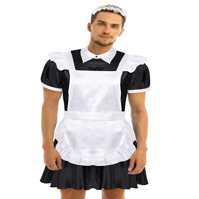 Alvivi Men's Short Sleeve Satin French Maid Uniform Crossdressing Sissy Lingerie Fancy Dress Outfits Black Large