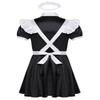 Alvivi Men's Short Sleeve Satin French Maid Uniform Crossdressing Sissy Lingerie Fancy Dress Outfits Black Large view 3