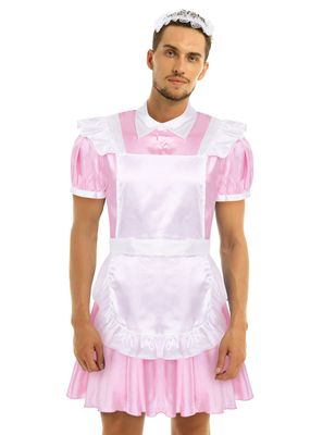 Alvivi Men's Short Sleeve Satin French Maid Uniform Crossdressing Sissy Lingerie Fancy Dress Outfits Pink X-Large