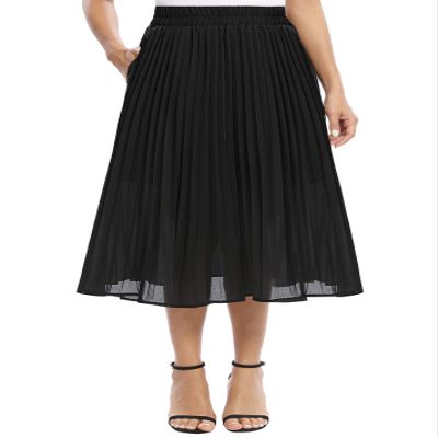 EXCHIC Women's Casual Chiffon Elastic Waist A-Line Pleated Swing Midi Skirt with Pockets (L, Black)