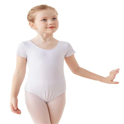 Daydance Lined Basic White Ballet Leotards for Girls, Short Sleeve Dance Tops
