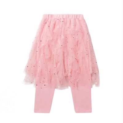 Agoky Kids Girls Elastic Waist Footless Leggings Pants with Star Sequin Print Irregular Mesh Tutu Skirt Pink 3-4 Years