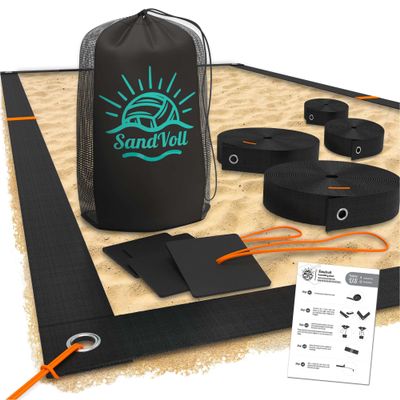 SandVoll Beach Volleyball Lines for Sand - Portable 2 inch Boundary Lines Set for Outdoor + Sand Anchors and Net Bag. Official Court Size Dimensions (26.3' x 52.6')