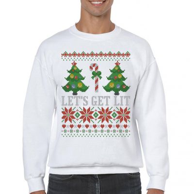Tee Hunt Let's Get Lit Sweatshirt Ugly Sweater Merry Christmas Candy Cane Crewneck White Small