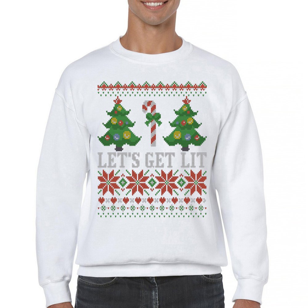 Tee Hunt Let's Get Lit Sweatshirt Ugly Sweater Merry Christmas Candy Cane Crewneck White Small