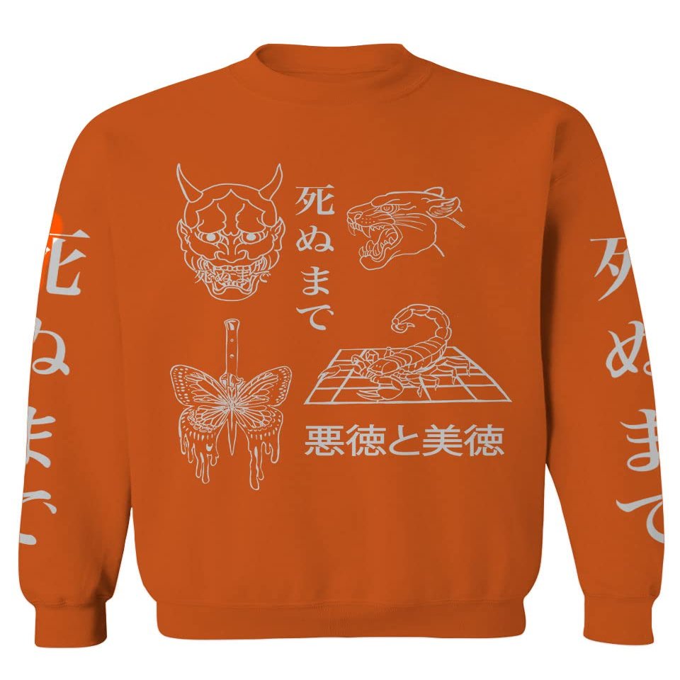 0439. Dark Demon Graphic Traditional Japanese Puma Scorpion Butterfly Gothic Streetwear Men's Crewneck Sweatshirt (Orange Medium)