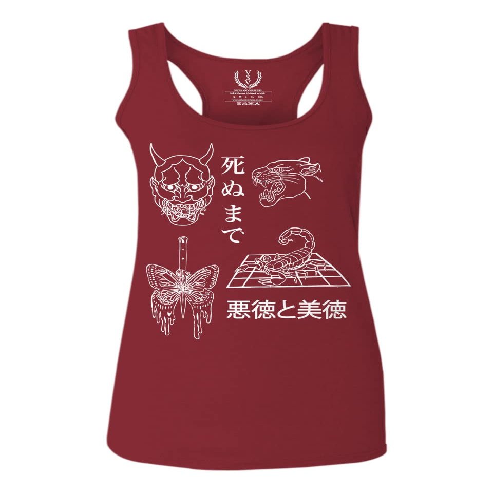 0439. Dark Demon Graphic Traditional Japanese Puma Scorpion Butterfly Gothic Streetwear Women's Tank Top Racerback (Maroon, Large)
