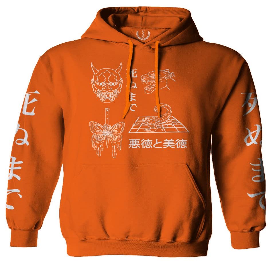0439. Dark Demon Graphic Traditional Japanese Puma Scorpion Butterfly Gothic Streetwear Sweatshirt Pullover Hoodie (Orange, Large)