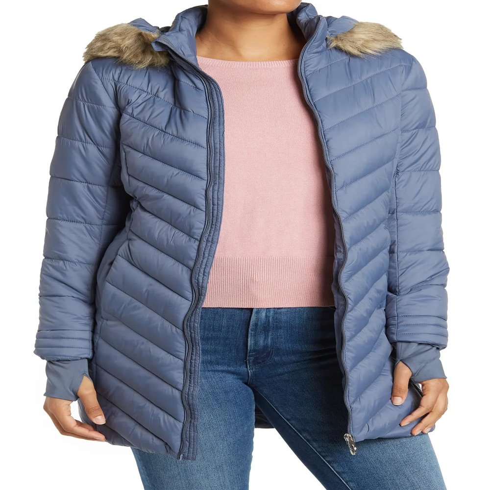Spyder Women's Boundless Faux Fur Long Puffer Coat, Dark Cloud Large