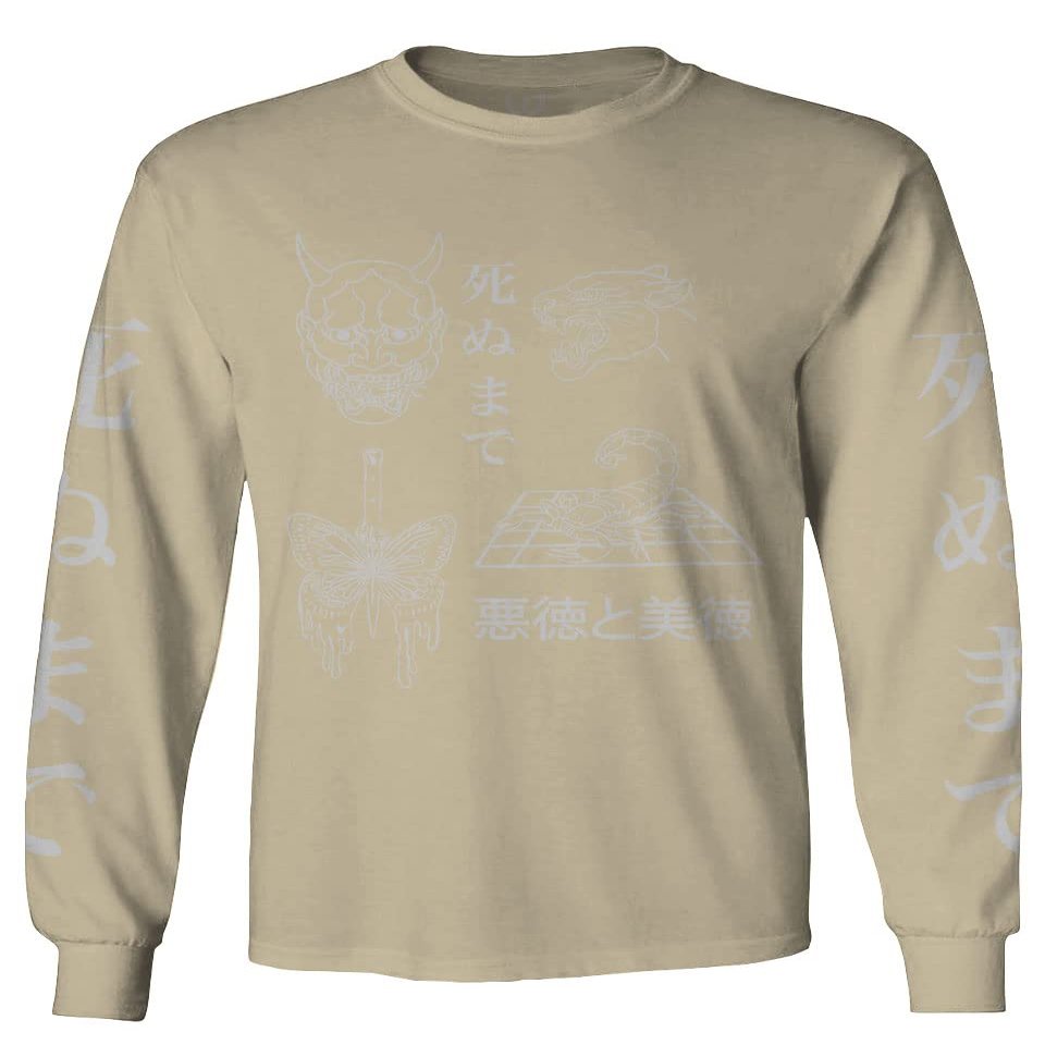 0439. Dark Demon Graphic Traditional Japanese Puma Scorpion Butterfly Gothic Streetwear Men's Long Sleeve t Shirt (Beige Small)