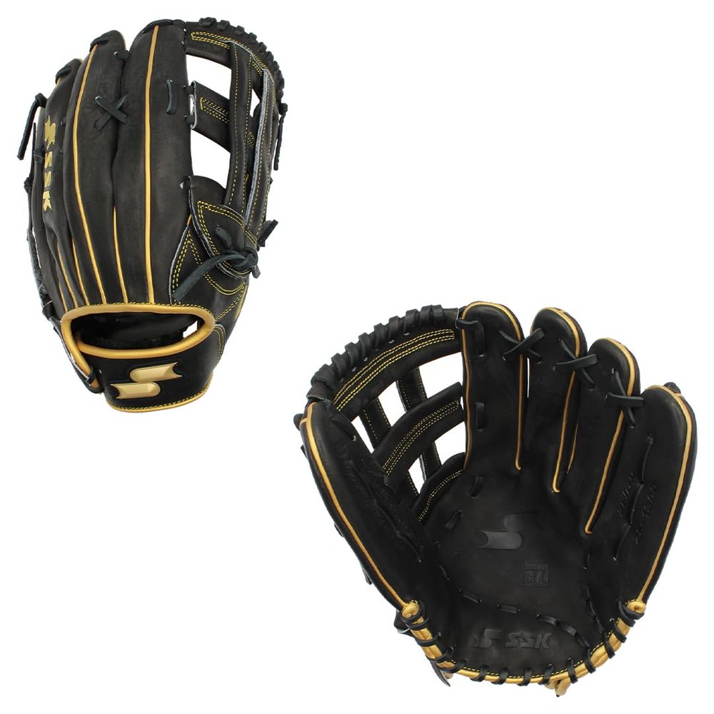 SSK ZSLOW Slowpitch Softball Glove  12.5 - 13 - 13.5 - 14  Right & Hand Left Hand Throw (Black/Gold, 13" - Right Hand Throw)
