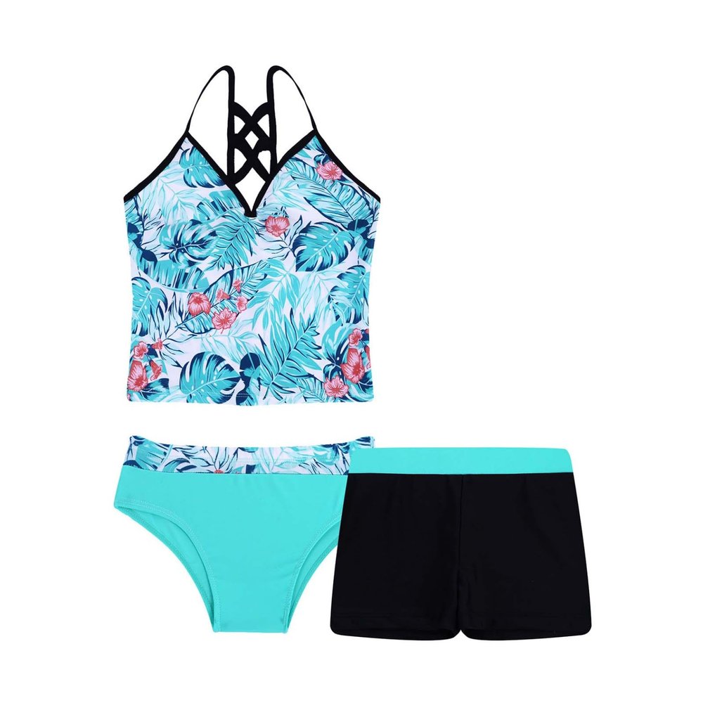 Daenrui Kids Big Girls 3 Pieces Bathing Suit Floral Printed Tankini Swimsuit Boyshort Swimwear Beachwear Green 8 Years