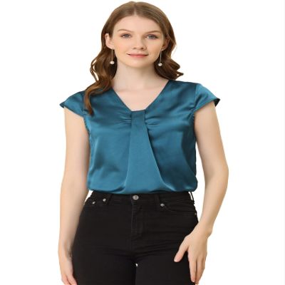 Allegra K Satin Blouse for Women's Cap Sleeve Pleated V-Neck Elegant Work Office Tops X-Large Blue