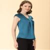 Allegra K Satin Blouse for Women's Cap Sleeve Pleated V-Neck Elegant Work Office Tops X-Large Blue view 2