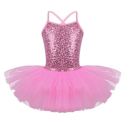 winying Kids Girls Sparkly Sequins Spaghetti Straps Criss Cross Back Ballet Dance Leotard Ballerina Dress Pink 10-12 Years