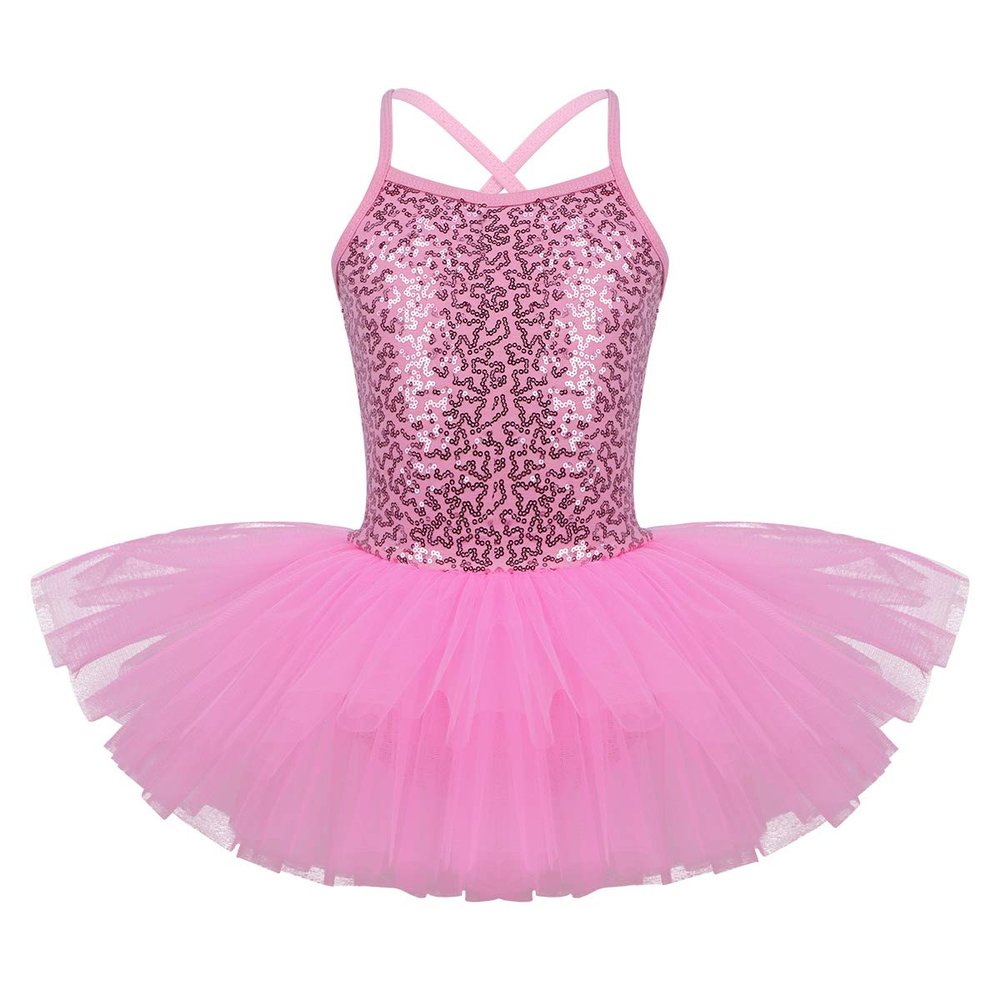 winying Kids Girls Sparkly Sequins Spaghetti Straps Criss Cross Back Ballet Dance Leotard Ballerina Dress Pink 10-12 Years