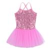 winying Kids Girls Sparkly Sequins Spaghetti Straps Criss Cross Back Ballet Dance Leotard Ballerina Dress Pink 10-12 Years view 3