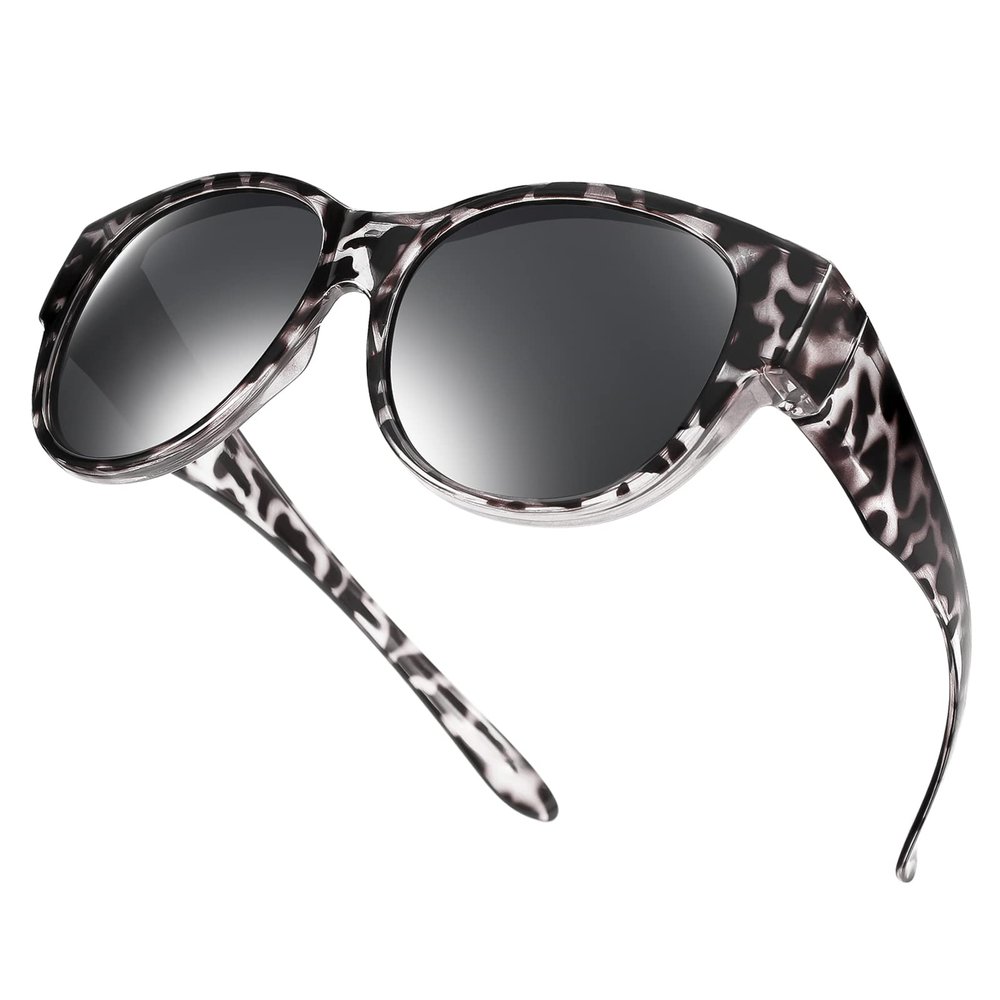 Br'Guras Polarized Oversized Fit Over Glasses Sunglasses for Women and Men Wear Over Glasses with Cat Eye Frame Shopping Running Driving(Grey Leopard-Black/Non-mirrored)