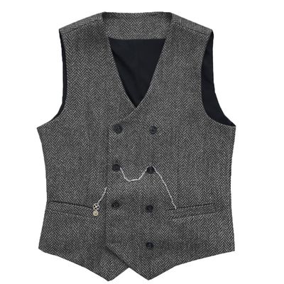 HSLS Mens Herringbone Double Breasted Vests Suit Wool Business Tweed Waistcoats Slim Fit(Medium, Grey)