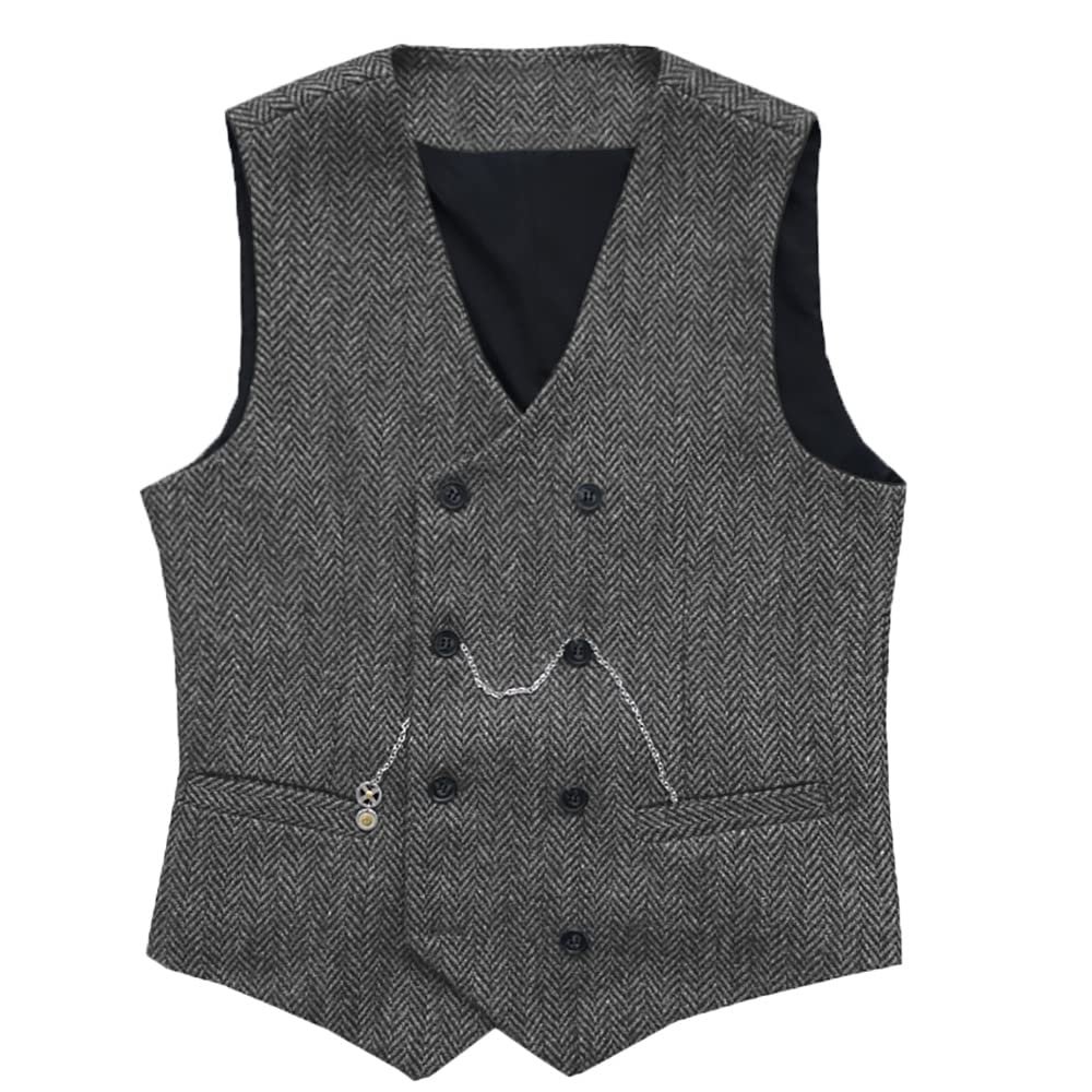 HSLS Mens Herringbone Double Breasted Vests Suit Wool Business Tweed Waistcoats Slim Fit(Medium, Grey)