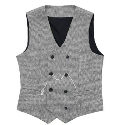 HSLS Mens Herringbone Double Breasted Vests Suit Wool Business Tweed Waistcoats Slim Fit(X-Large, Silver)