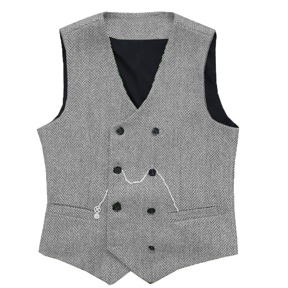 HSLS Mens Herringbone Double Breasted Vests Suit Wool Business Tweed Waistcoats Slim Fit(X-Large, Silver)