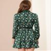 Allegra K Floral Satin Dresses for Women's Spring Fall Long Sleeve Belted Button Down Dress Medium Dark Green view 3
