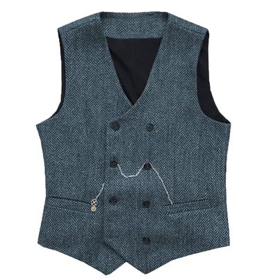 HSLS Mens Herringbone Double Breasted Vests Suit Wool Business Tweed Waistcoats Slim Fit(Medium, Light Blue)