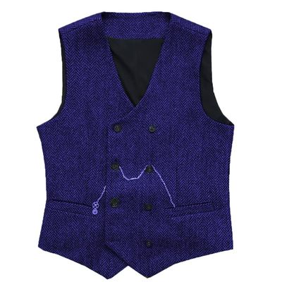 HSLS Mens Herringbone Double Breasted Vests Suit Wool Business Tweed Waistcoats Slim Fit(Small, Royal Blue)
