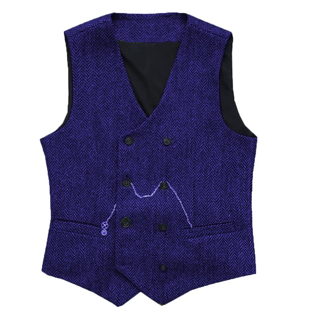 HSLS Mens Herringbone Double Breasted Vests Suit Wool Business Tweed Waistcoats Slim Fit(Small, Royal Blue)