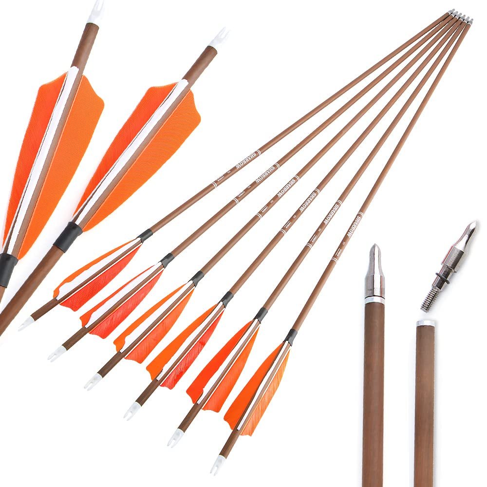 SHARROW Archery 31 Inch Carbon Hunting Arrows,Turkey Feather Fletching with Replaceable Tips, Targeting Practice Arrows Spine 340 400 500 600 for Compound Recurve Bow Long Bow 6/12pcs (Spine 400, 12)