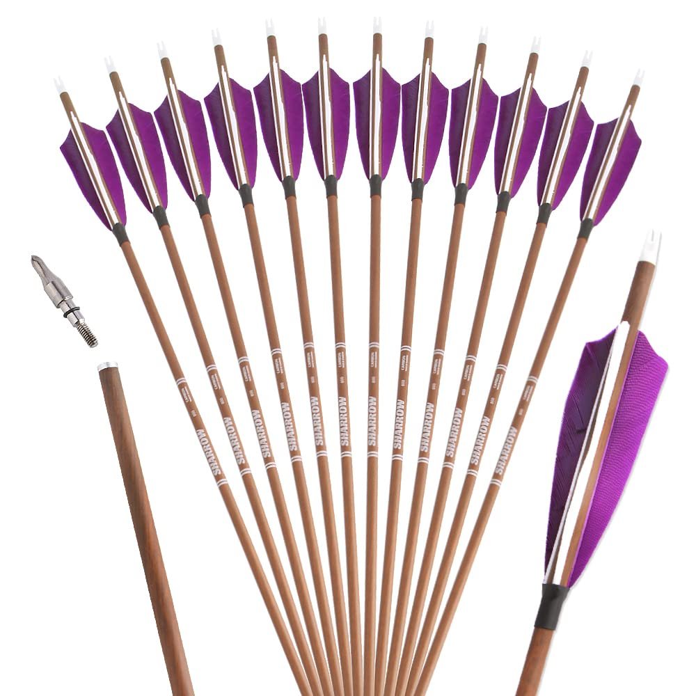 SHARROW 31 Inch Hunting Archery Carbon Arrow, Targeting Practice Arrows 340 400 500 600 Spine Fletched 4 inch Real Feathers with Field Points for Compound Recurve Longbow 6/12pcs (Spine 340, 12)