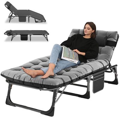 Camping Cot, Adjustable 4-Position Adults Reclining Folding Chaise with Pillow, Outdoor Portable Lounge Chair Sleeping Cots Bed, Perfect for Camping, Pool, Beach, Patio