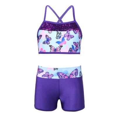 Sxiwei Kids Girls 2pcs Active Gymnastics Dance Suit Criss Cross Back Vest Tank Top with Booty Shorts Set Swallowtail Blue 12 Years