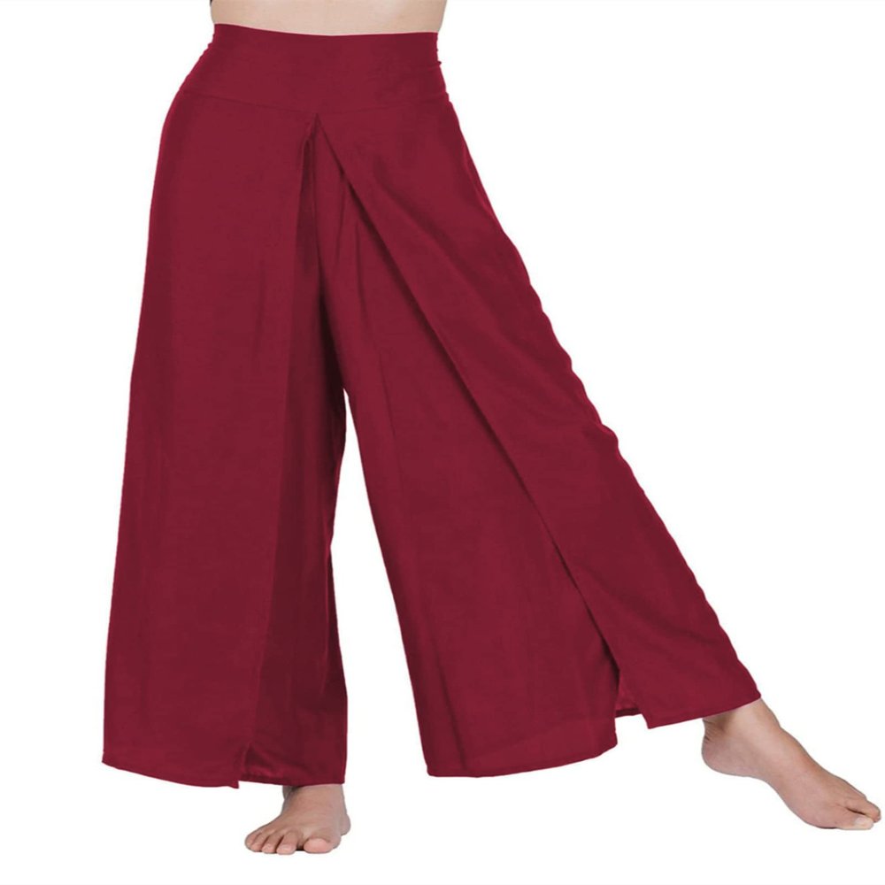 Honeystore Women's Casual Palazzo Pants Elastic High Waist Front Split Yoga Pant GKJF-017-Burgundy XL
