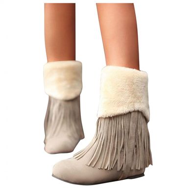 Bcshiye Women Fur Lined Winter Snow Boots Moccasins Fringed Warm Anti-Slip Ankle Booties Flats Suede Dress Short Boots