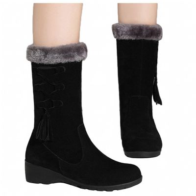 Bcshiye Women's Mid Calf Fashion Winter Snow Boots Outdoor Suede Slouch Combat Riding Boots with Fur Lined Collar