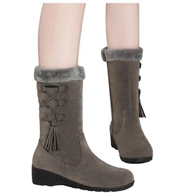 Bcshiye Women's Mid Calf Fashion Winter Snow Boots Outdoor Suede Slouch Combat Riding Boots with Fur Lined Collar