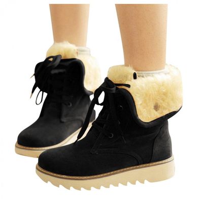 Bcshiye Women's Short Mid Calf Boot Fashion Round Toe Warm Flat Boots Winter Warm Fur Lined Snow Ankle Booties