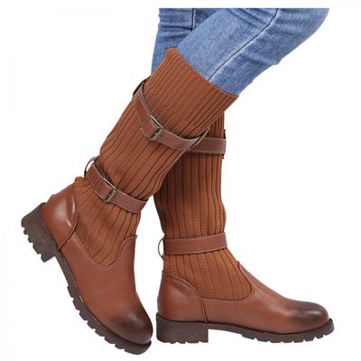 Bcshiye Women's Mid Calf Fashion Winter Socks Snow Boots Round Toe Buckle Sexy Leopard Knee High Riding Boots