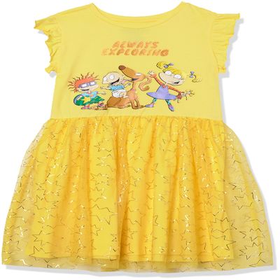 Nickelodeon girls Rugrats Angelica Ruffle Sleeve Tulle - 4-16 Playwear Dress, Yellow/Gold, 7 8 US
