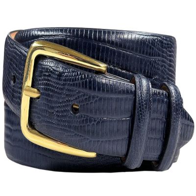 Andrea Women's Dress Belt Solid Brass Buckle (Gold) Italian Calfskin Genuine Leather Dress Belt 1-1/8"(30mm) Wide (Lizard Navy, 50)