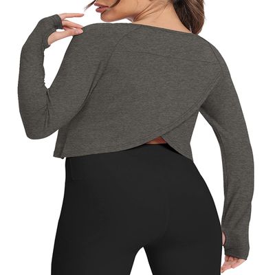 Bestisun Winter Workout Dance Tops Split Back Gym Clothes Cropped Sweatshirts Fall Long Sleeve Thumbhole Shirts Heather Gray L